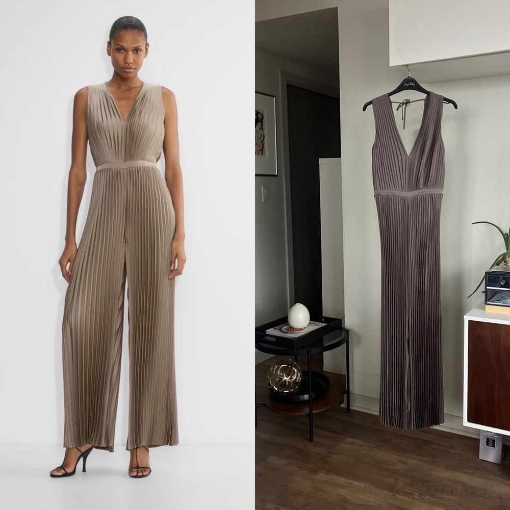 Aritzia Babaton Mutual Satin Taupe Pleated Formal Wedding Guest Party Jumpsuit 2